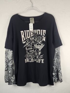 Ride or Die Black Biker For Life Tee with Lace‎ Sleeves Made In USA Women's XL